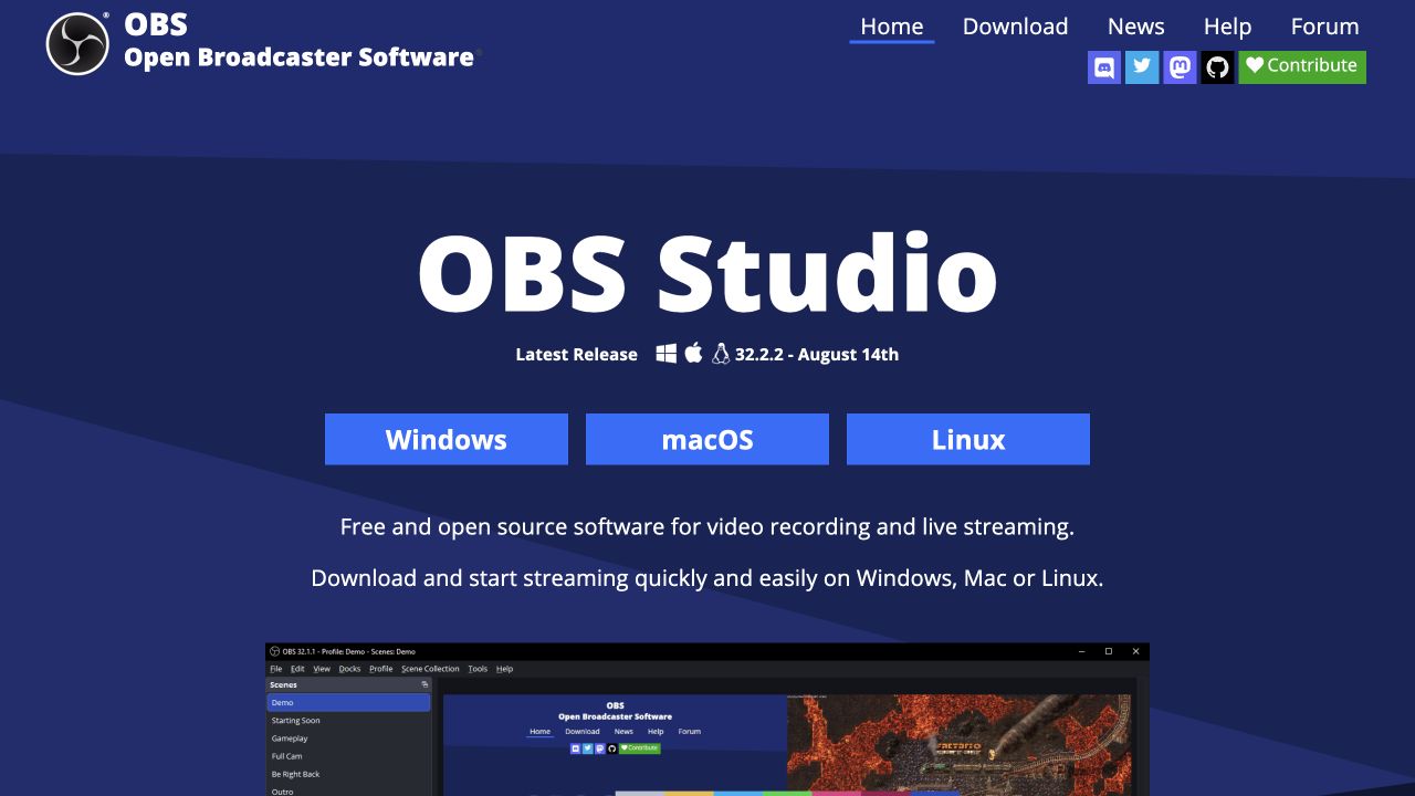 OBS Studio website, captured October 4, 2026