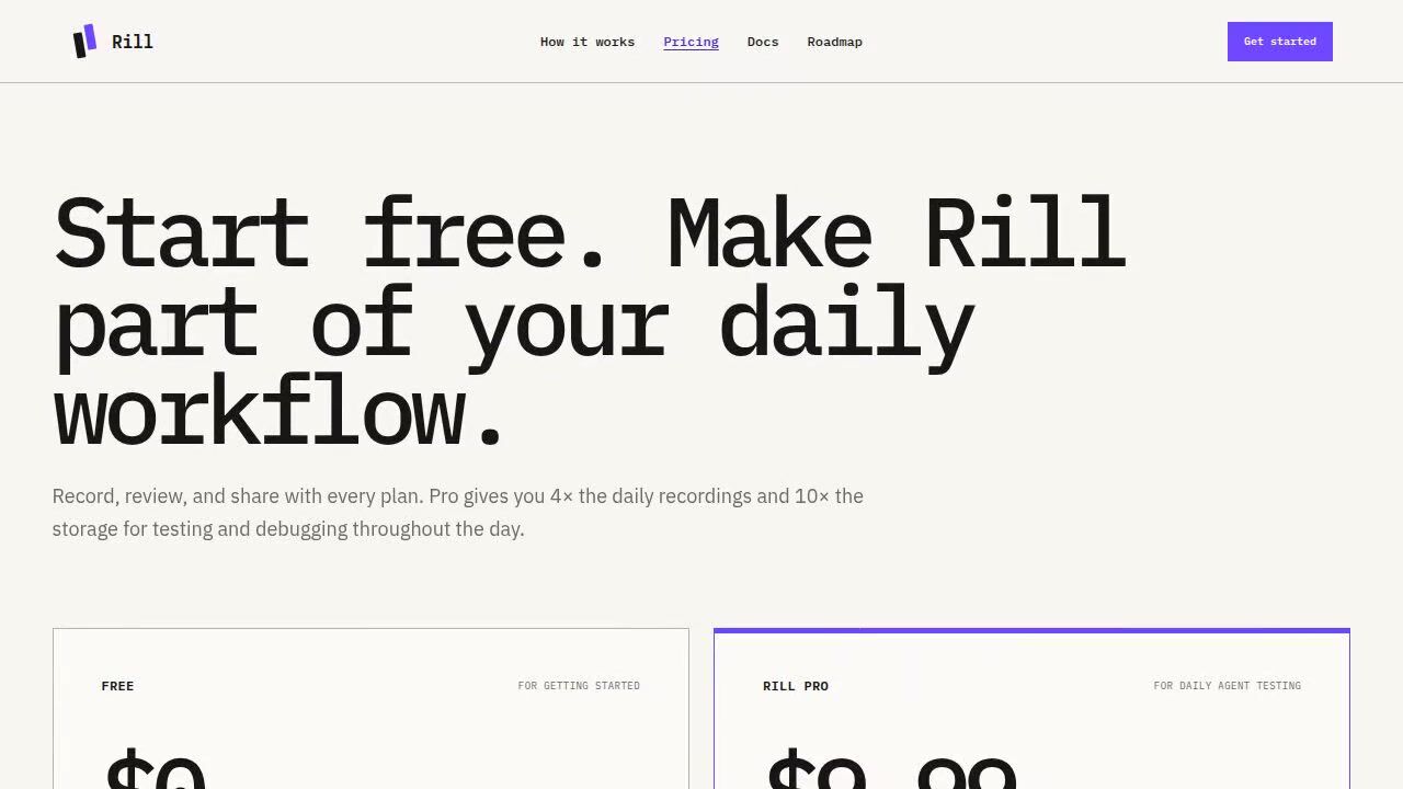 Actual frame from the sample: Rill’s pricing page before Get Pro opens sign-in