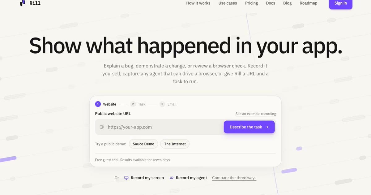 A still from a real scrolling video of the Rill website